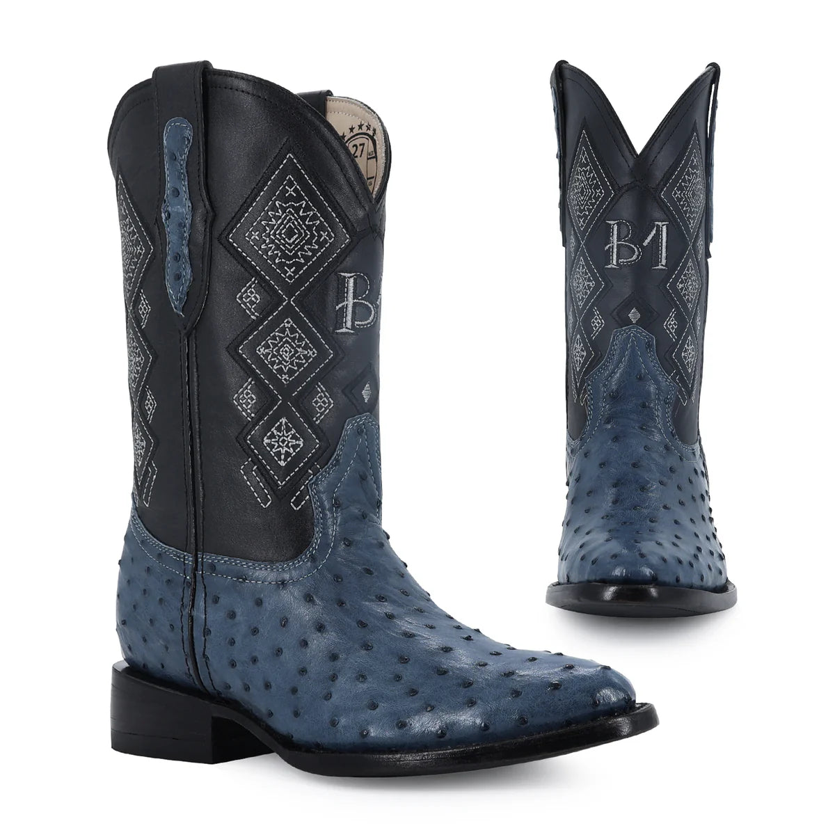 BOTA VAQUERA OVAL AVESTRUZ AZUL MEZCLILLA